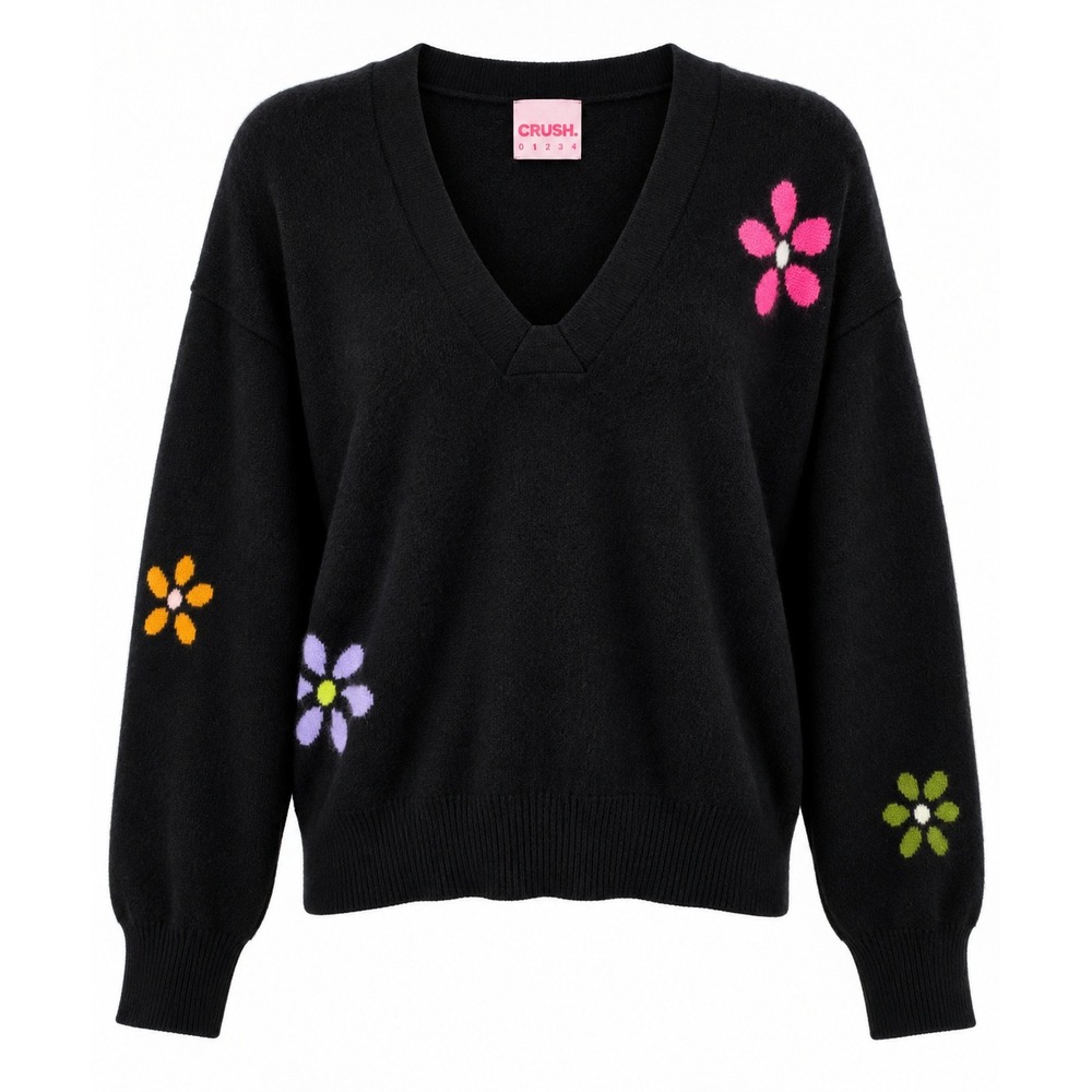 CRUSH Cashmere Size 1 US S Black 100% Cashmere Floral V Neck Sweater